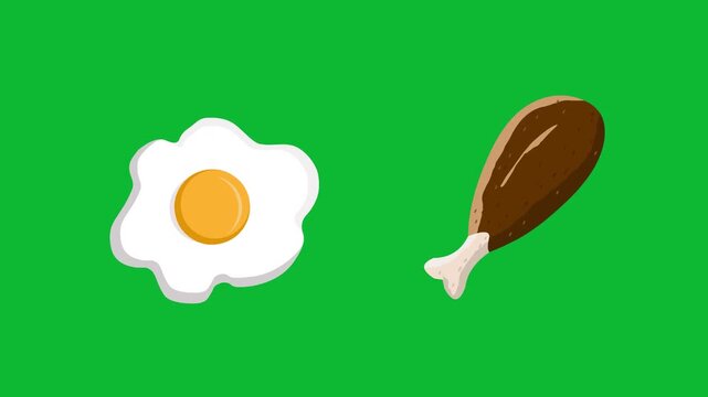 V&iacute;deo animado em estilo, cartoon de uma coxa de frango e um ovo frito se movendo sobre fundo verde, desenho, Arte, 2D, comida.