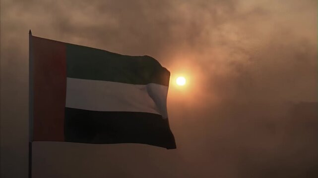 United Arab Emirates flag waving on flagpole at dramatic sunrise or sunset, rich colors national symbol illuminated by sun disk, atmospheric sky with golden and orange light.
