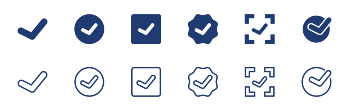 Check mark icon set. approval, verification, checklist, validation, success. solid style icon collection.