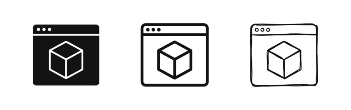3D Modeling Software Web Browser Icon Set, Digital Design and Computer Graphics Cube Symbol