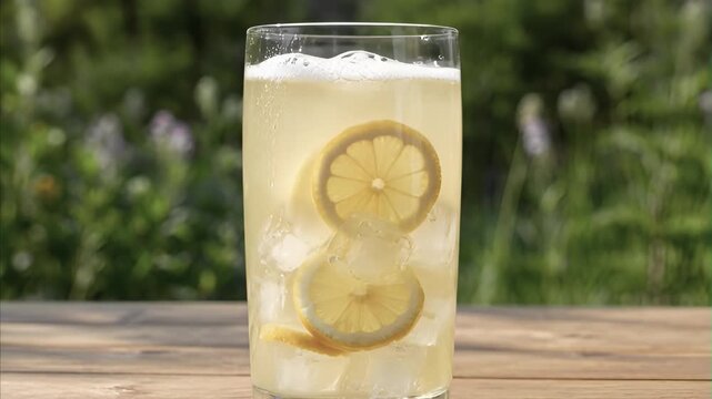 Refreshing lemonade drink being poured into tall glass with ice cubes and lemon slices on wooden table outdoors against blurred green background. Concept the First Day of Summer