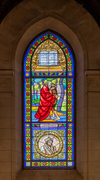 Chateau-Thierry, France - 05 03 2026: American Protestant Memorial Temple. Detail view of a stained glass window The Prodigal Son with Lefevre d'Etaples