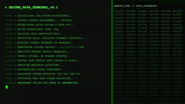 Futuristic Secure Data Terminal HUD with Green Digital Command Line Interface and Computer Memory Dump Streaming Monitoring Analytics Screen.