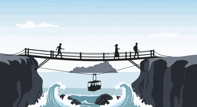 Silhouetted figures traverse a cliffside suspension bridge over choppy waters