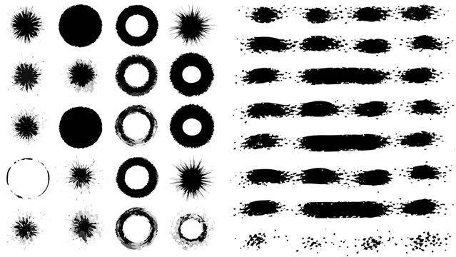collection of black ink brush strokes and circular splatter shapes on a white background high quality professional detailed
