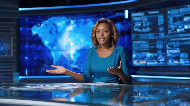 Female news anchor presenting live broadcast