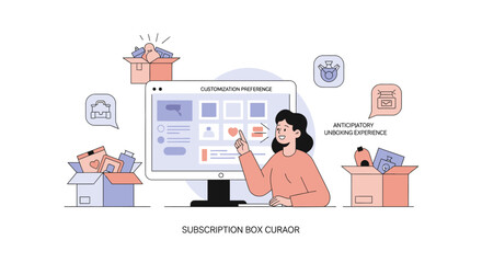 Naklejka premium Woman Curating Subscription Box Items on Computer Screen, Online Shopping