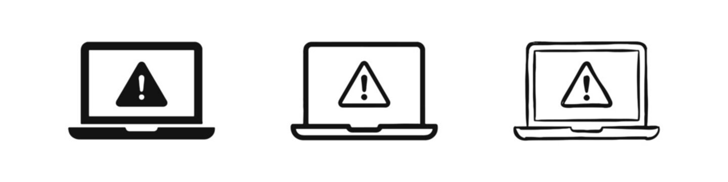 Laptop System Error and Computer Security Alert Icon Set - Solid, Outline, and Sketch Styles for IT Troubleshooting