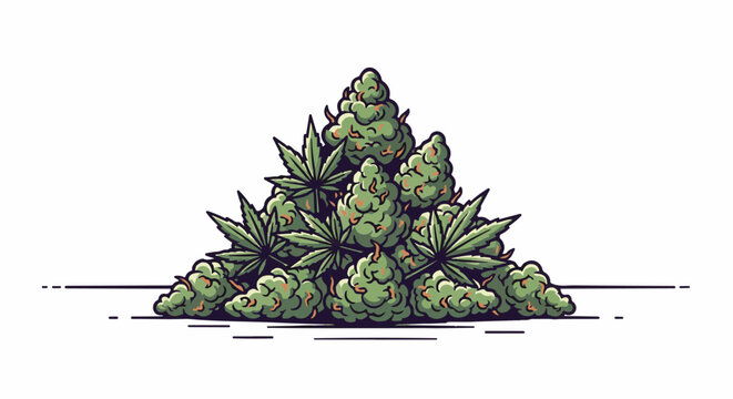 Stacked green cannabis buds and leaves with artistic pixelated outlines
