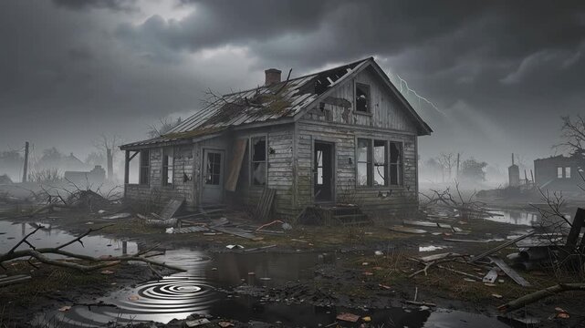 Abandoned house surrounded by muddy puddles and broken branches under a dark stormy sky