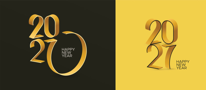 Luxury 2027 Happy New Year Gold Typography on Dark and Yellow Background