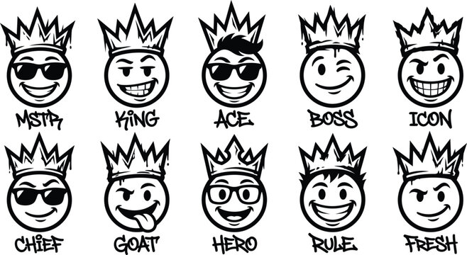 Crown emoji vector set, cool character faces with sunglasses and crowns, graffiti style stickers with text labels, isolated on white