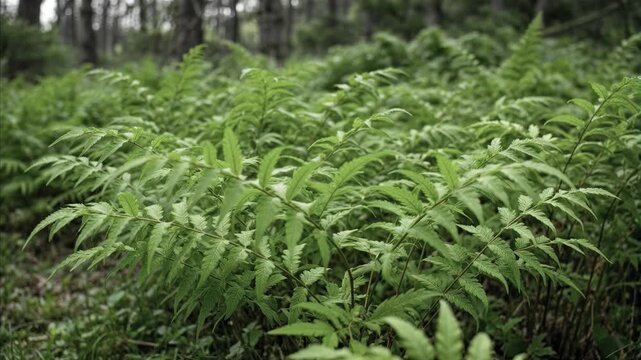 Vibrant green ferns carpeting forest floor in lush natural habitat with blurred background of trees, showcasing growth and verdant nature during day.