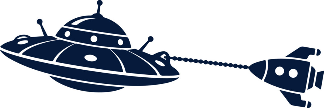 Large flying saucer towing a small rocket with chain alien spaceship transport system concept.