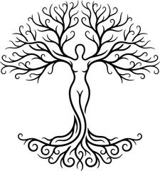 Obraz premium Elegant black and white vector illustration of a woman's silhouette merging with a tree, symbolizing growth and mindfulness. Ideal for wellness, mental health, sustainability, and personal development