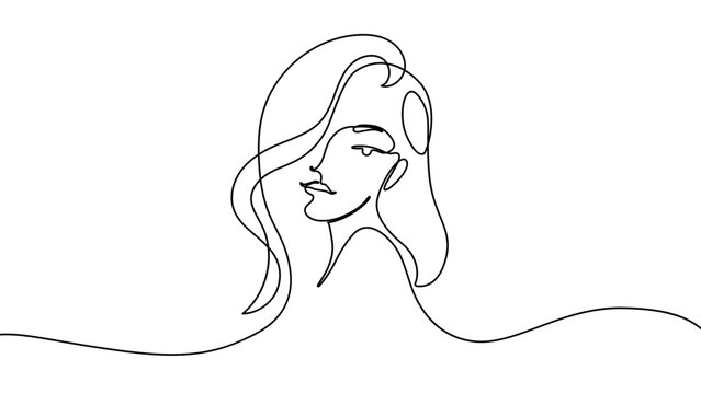 Continuous one line woman face art beauty female drawing silhouette abstract. Woman face outline draw head profile hair side minimal vector girl eyes lineart makeup flower lady view model single