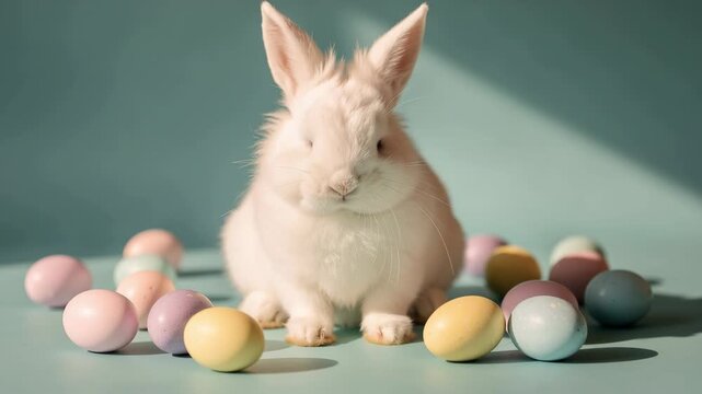 Cute fluffy white bunny surrounded by pastel Easter eggs on soft blue background for spring celebration
