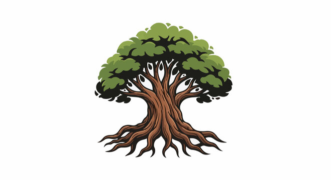 Stylized, old tree with sprawling roots and full, green canopy