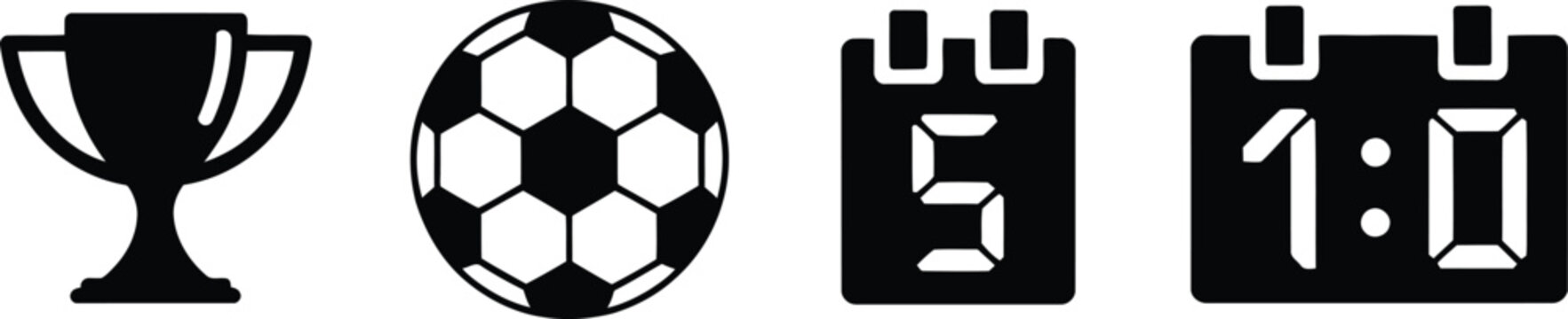 Football tournament icons featuring trophy cup ball match day calendar and digital scoreboard display.