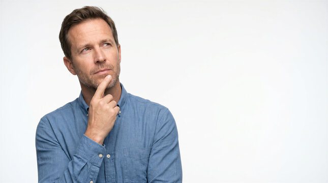 Thoughtful man with hand on chin looking away, isolated on white background
