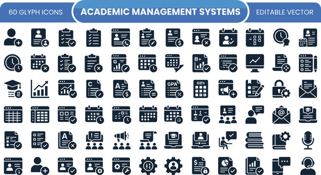 Academic Management Systems Icon Set Featuring Students, Grades, Scheduling, Reports, Learning Analytics and Education Administration Concepts