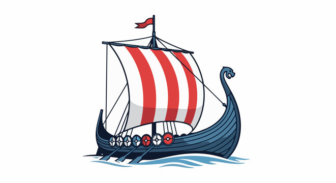 Stylized illustration of a blue Viking longship with red and white striped sails