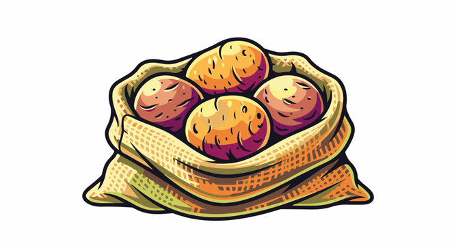 Stylized illustration of a burlap sack overflowing with earthy potatoes
