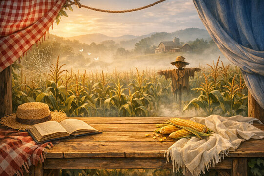 A whimsical scene of a harvest festival with a farmer standing amidst fields and a rustic wagon laden with produce.