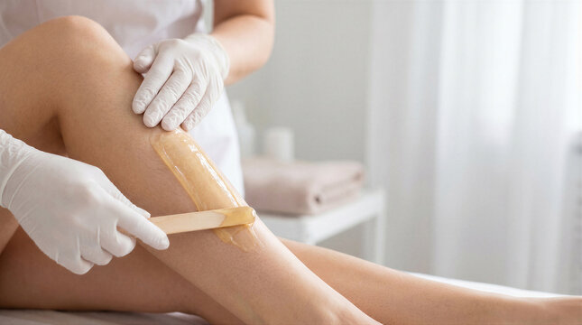 Professional waxing procedure, beautician applying sugaring paste on womans leg in beauty salon, closeup