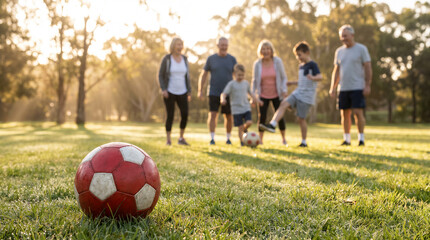 Fototapeta premium Multigenerational family playing soccer in a park at sunset, with a focus on a red and white soccer ball in the foreground