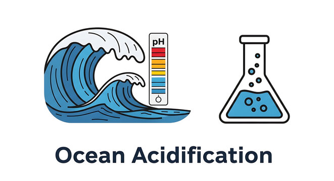 Ocean acidification icon, vector illustration of a sea wave and a chemical flask with ph scale indicator