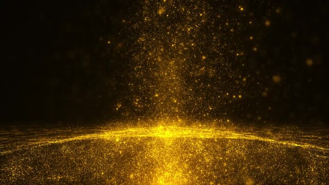Golden particle fountain background rising glitter, bright floor glow, dark luxury space. for award videos, wedding intros, celebration titles, festive promos, premium screens, and elegant overlays.