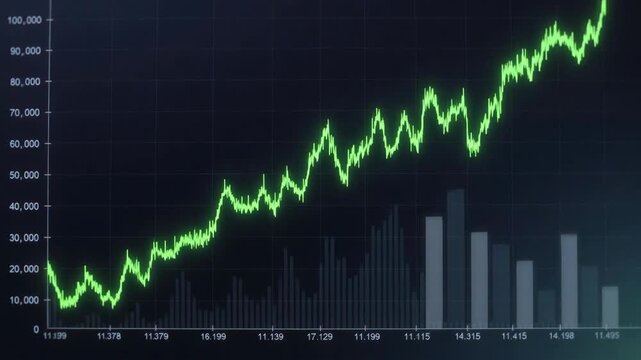 Green line chart with bars in digital style on dark screen background, representing finance growth concept market