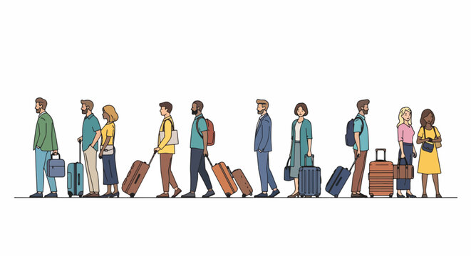 People standing in line with luggage.