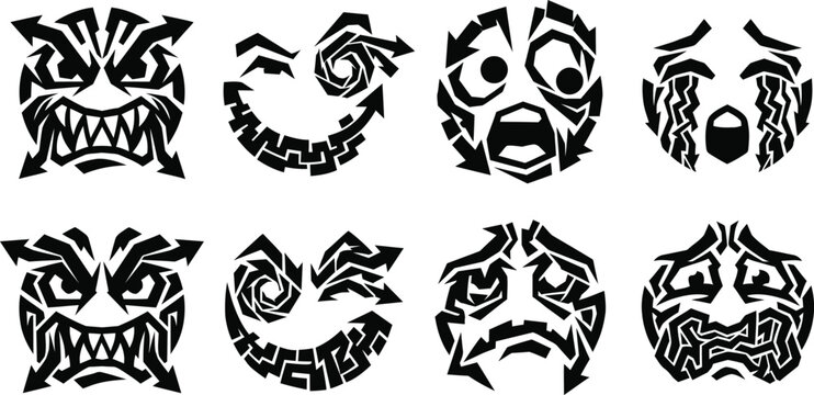 Tribal emoji vector set, collection of angry, sad, and happy facial icons, decorative black ink line art graphics, isolated