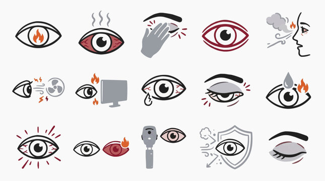 Vector icon set representing eye irritation symptoms, digital eye strain from screens, environmental allergens, medical ophthalmology exams, and protective vision care concepts.