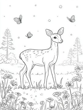 coloring book page with a deer standing in a meadow