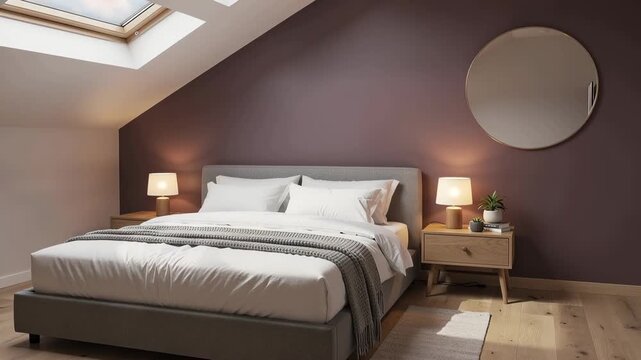 Cozy modern bedroom with skylight soft bedside lamp lighting and plush comfortable bed interior design