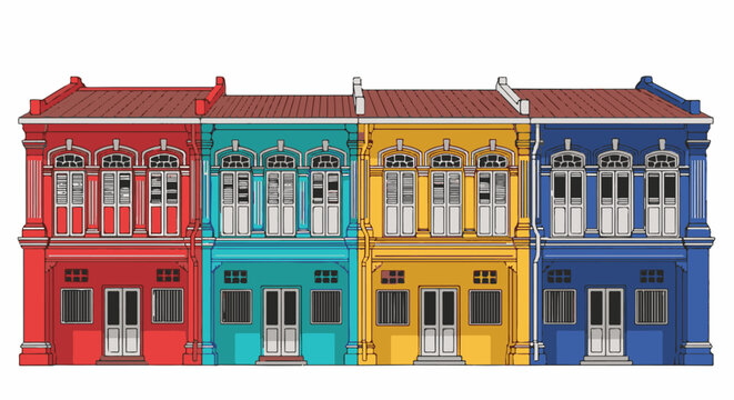 Row of colorful, old-fashioned houses with decorative windows and doors