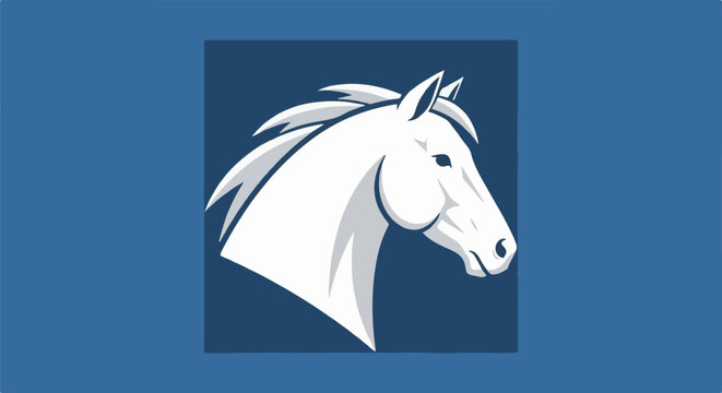 White horse head silhouette against a dark blue square on a blue background