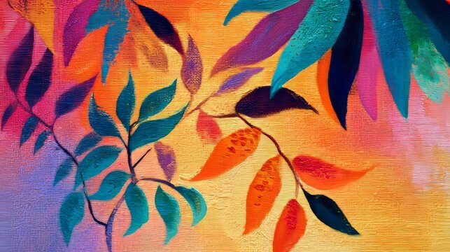 oil painting, abstract leaves, warm colors, wall art
