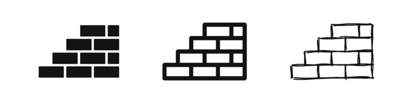 Brick wall steps icon set in three styles illustrating building, construction, growth, and step-by-step progress.