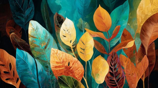 oil painting, abstract leaves, warm colors, wall art