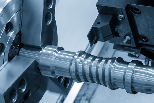 High precision production process of a lead ball screw shaft using a CNC lathe machine in a blue-toned industrial scene.