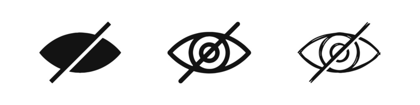Crossed out eye icon set for hidden content, privacy settings, and visibility control in three graphic styles.