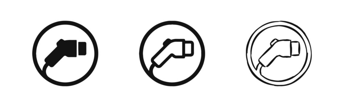 Electric vehicle charging plug icon set representing green energy and eco-friendly transportation solutions.