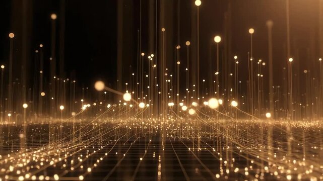 Glowing golden light points rising in abstract style on a dark background, expressing a concept of data flow and energy
