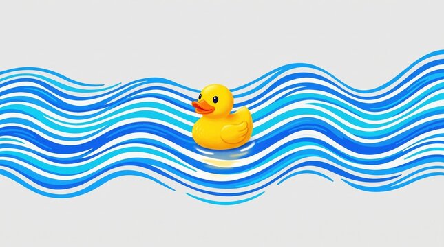 A cute yellow rubber duck floating on stylized blue wavy water lines, a simple and cheerful illustration representing bath time, childhood, playfulness, and relaxation in a minimalist graphic style