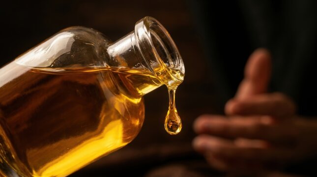 Golden Oil Dripping from a Glass Bottle Close Up