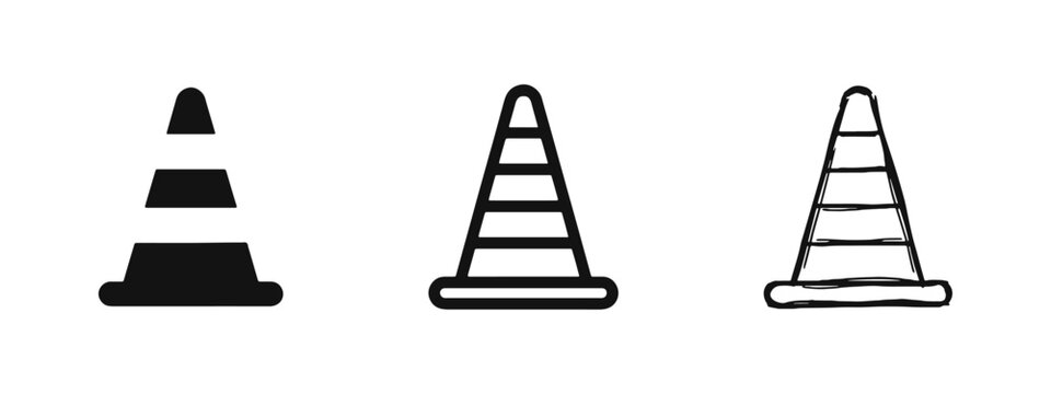 Traffic Cone Icon Set, Safety Pylon for Road Construction, Warning Signs, and Caution Areas
